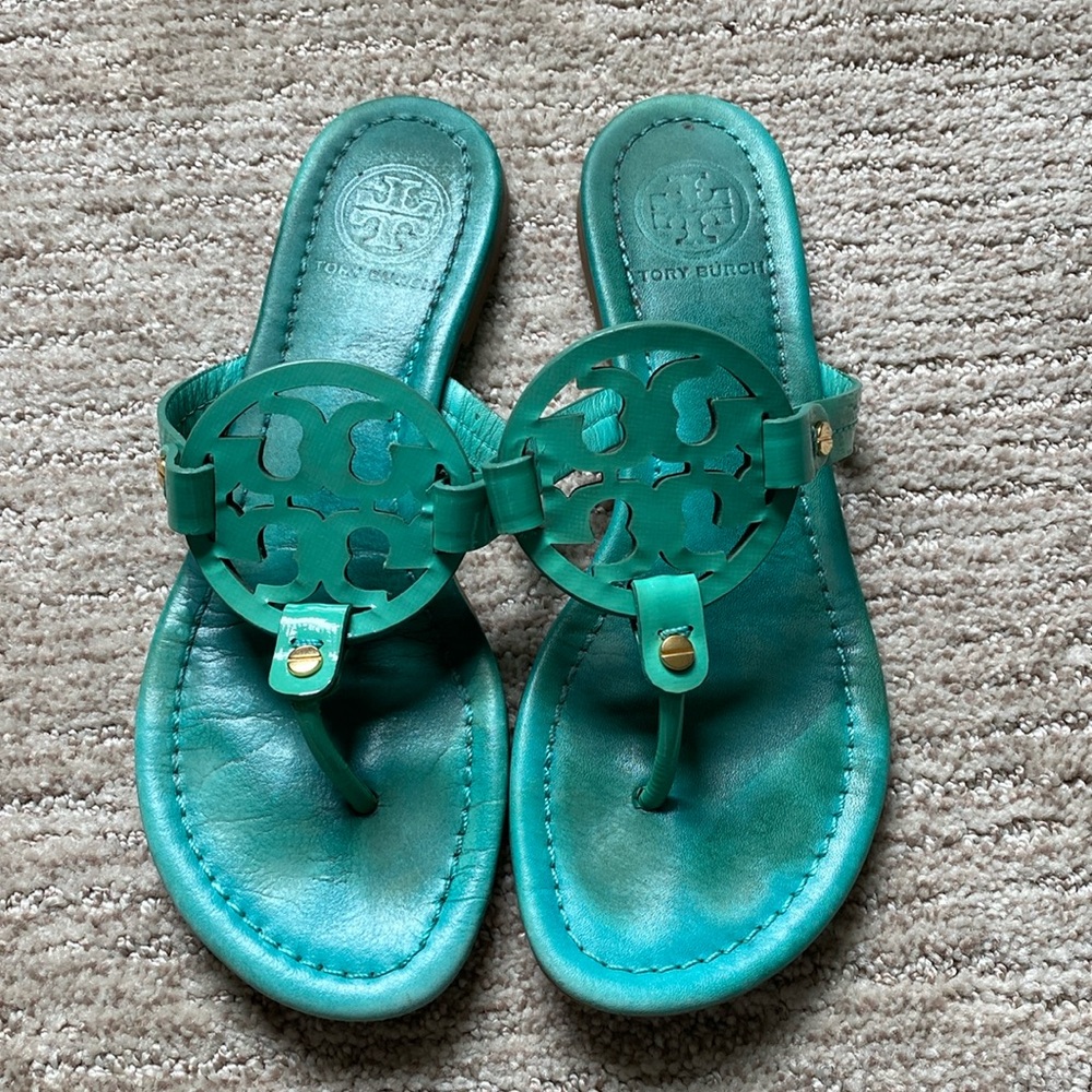 Tory Burch Turquoise Leather Miller Logo Thong Sandals